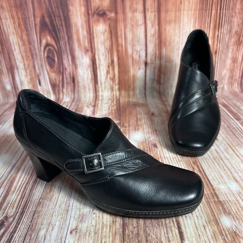 Clarks Artisan Active Air Sz 10 Wide Black Leather Block Heel Shoes Pump Booties